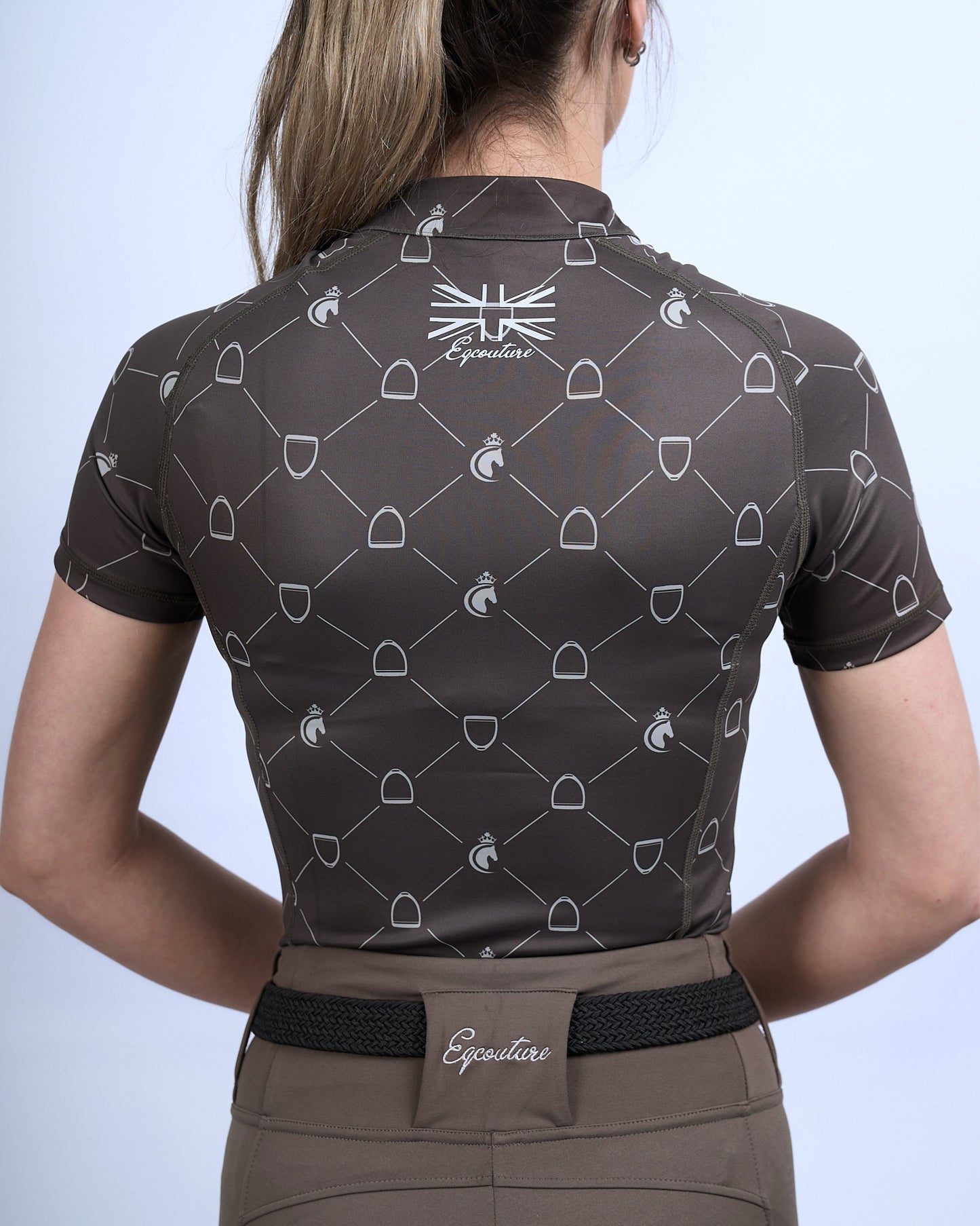 Short Sleeve Stirrup Print Equestrian Technical Base Layer - ESPRESSO