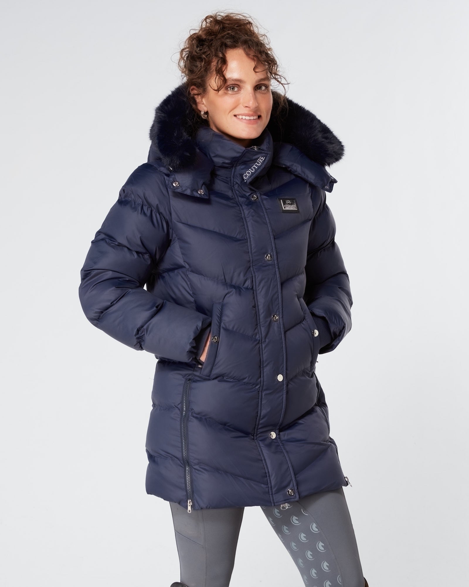Long Navy Puffer Coat Equestrian Riding Jacket Detachable Hood