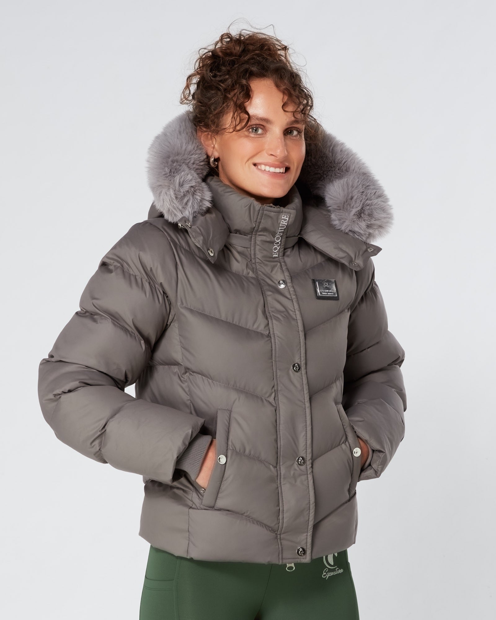Hooded Puffer Jacket Grey Coat With Belt And Fur Hood Petite Zip