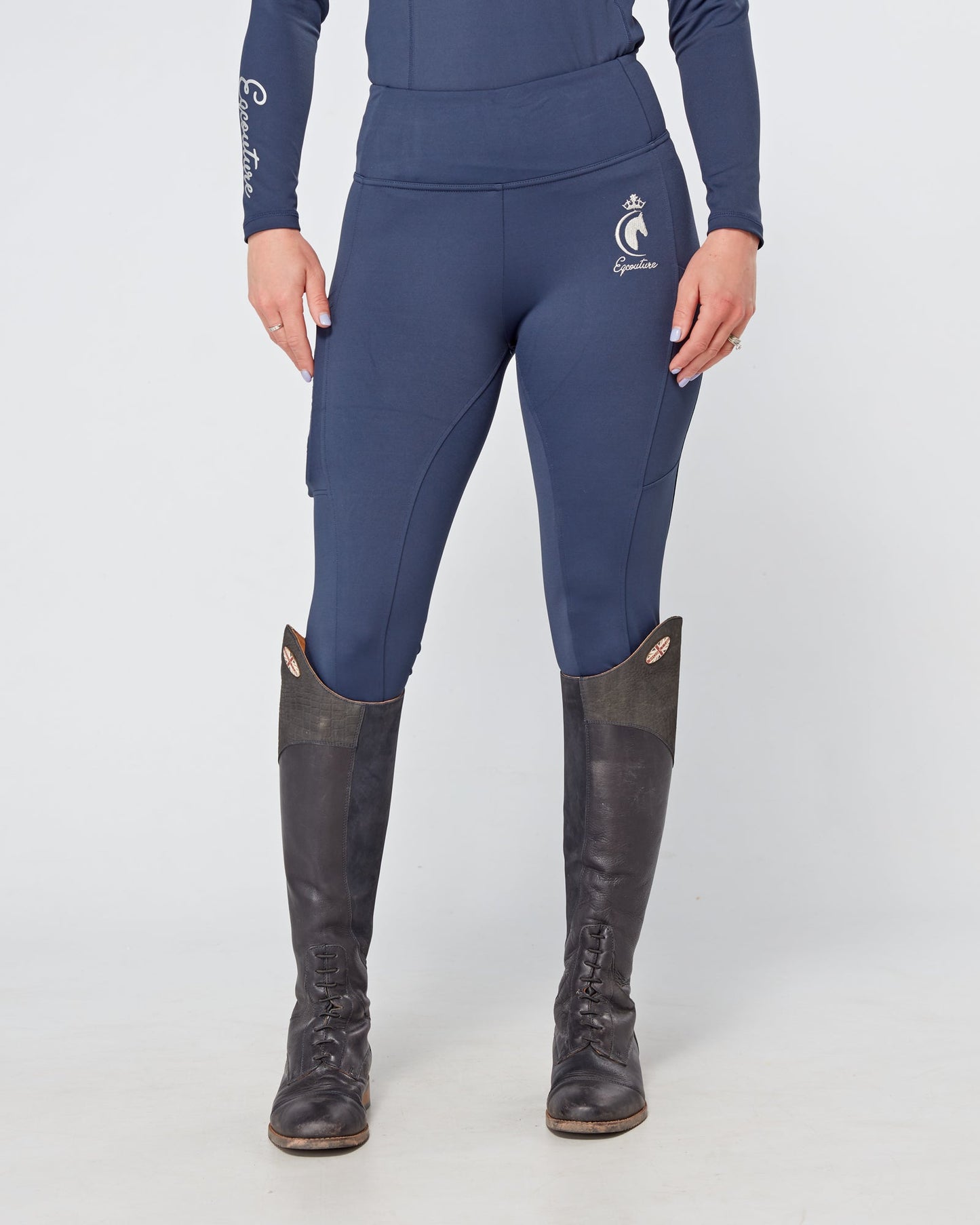 ALL-SEASON Navy Riding Leggings / Tights with Phone Pockets - NO GRIP/ SILICONE