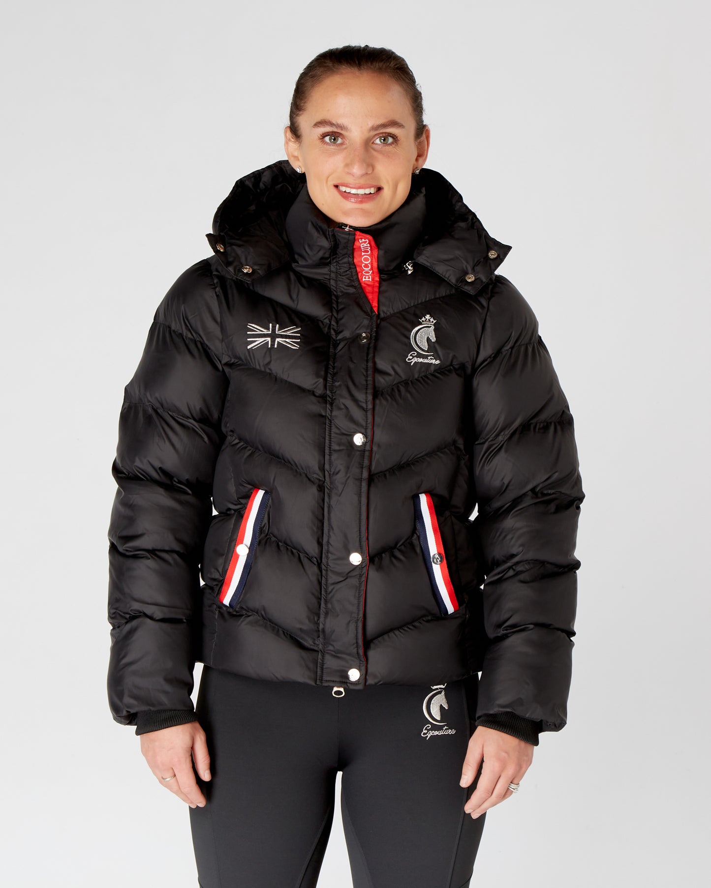 Short Black Puffer Coat Equestrian Riding Jacket - Detachable Hood