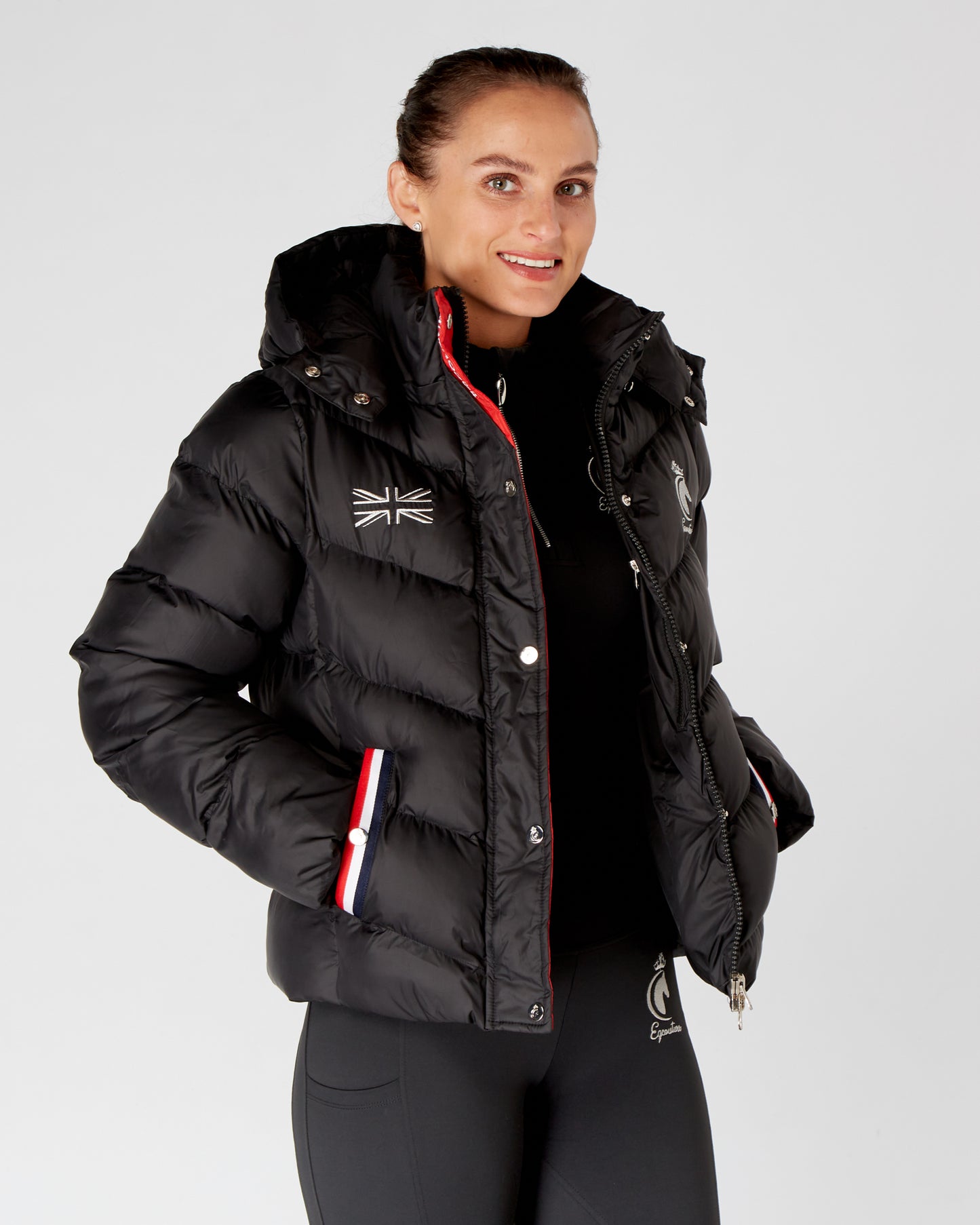 Short Black Puffer Coat Equestrian Riding Jacket - Detachable Hood