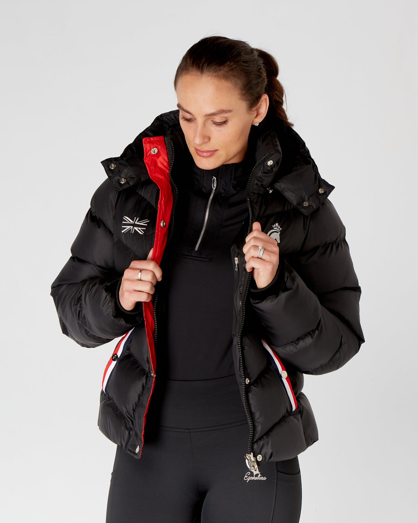 Short Black Puffer Coat Equestrian Riding Jacket - Detachable Hood