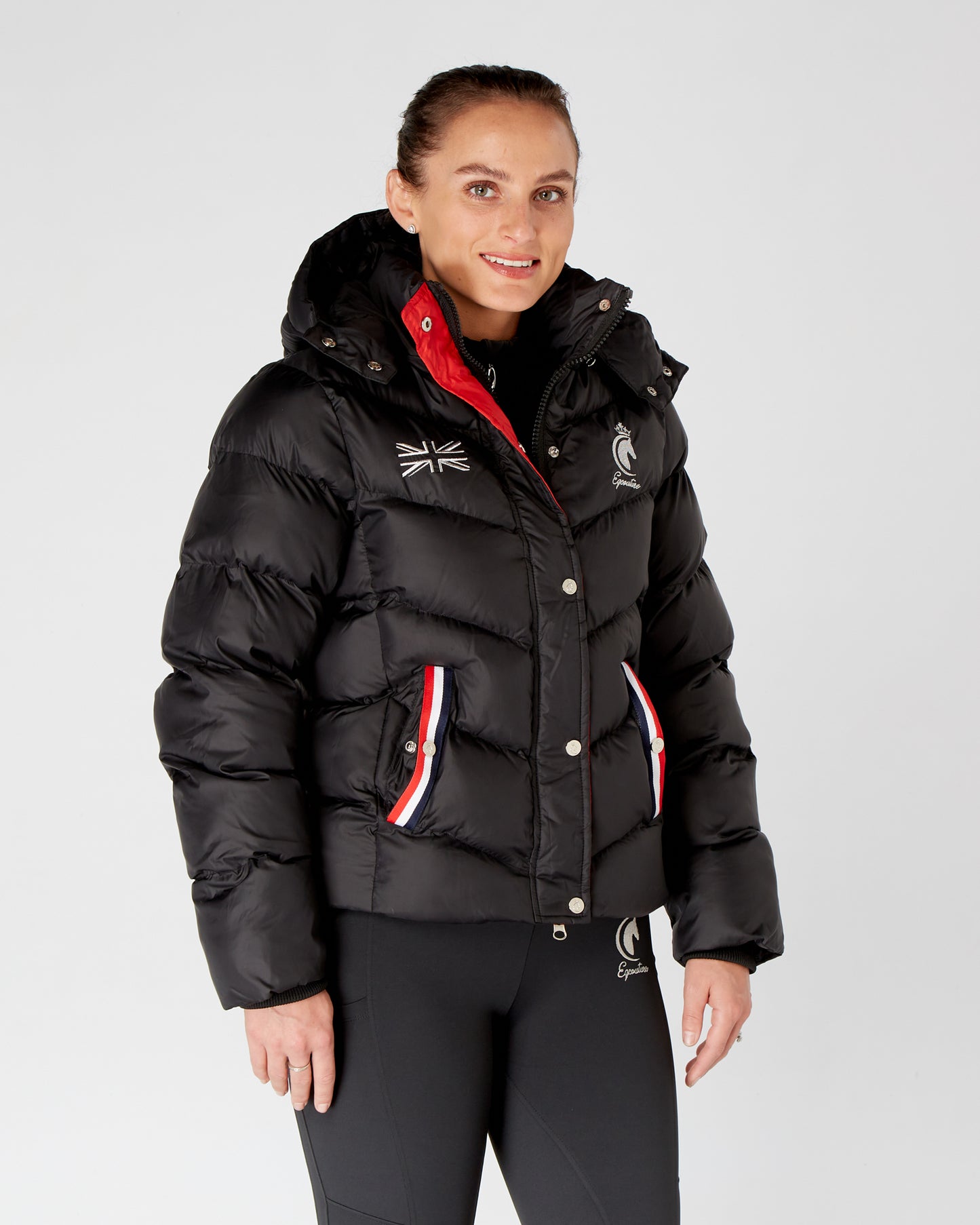 Short Black Puffer Coat Equestrian Riding Jacket - Detachable Hood