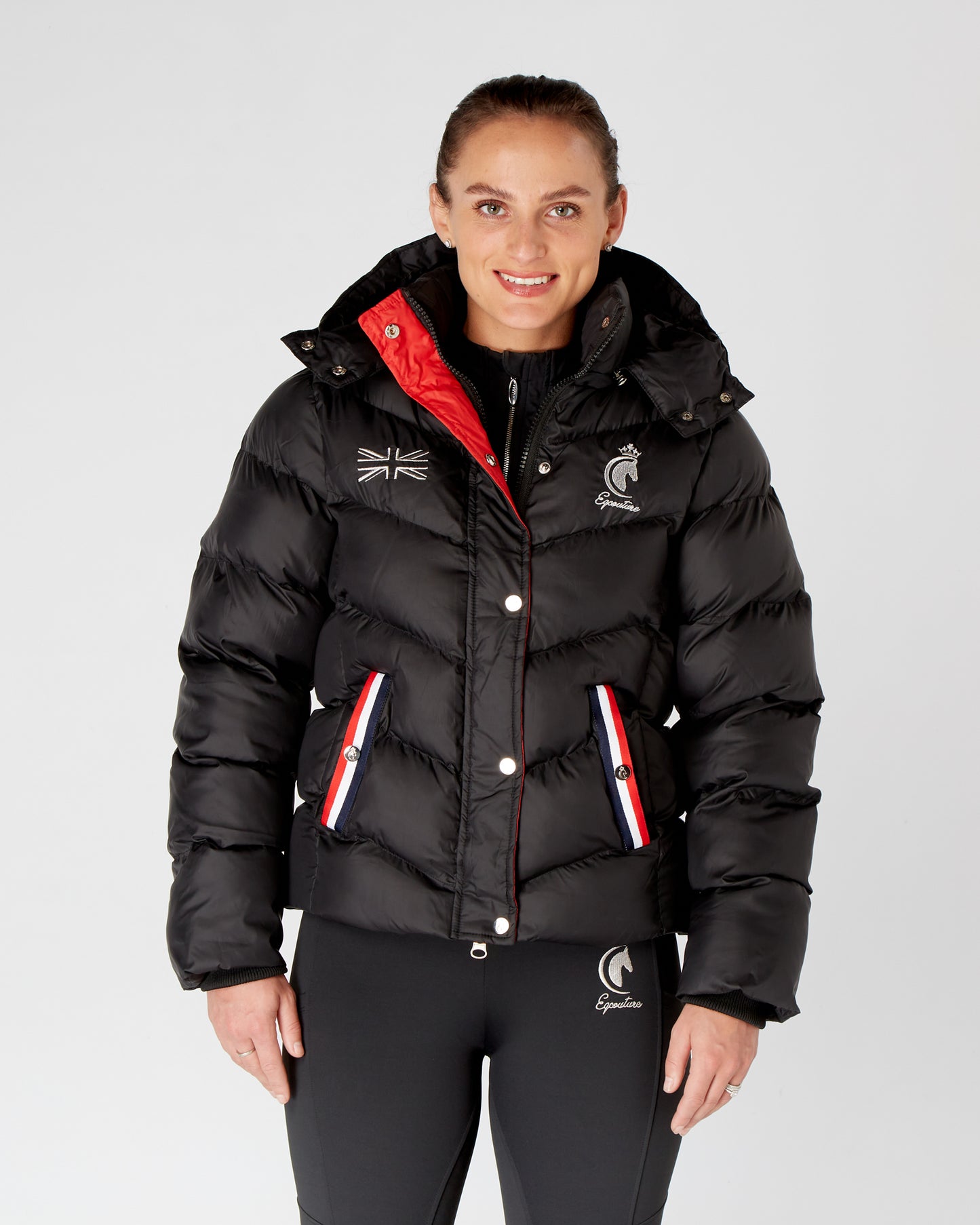 Short Black Puffer Coat Equestrian Riding Jacket - Detachable Hood