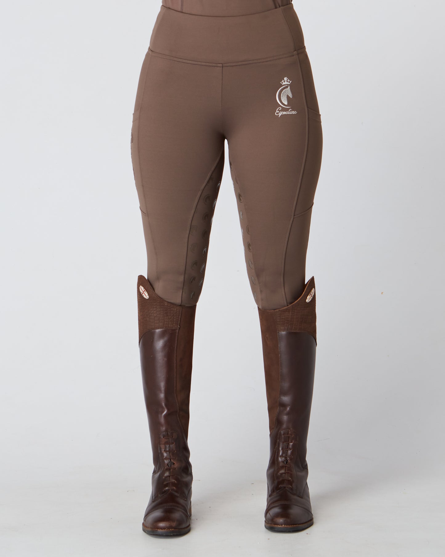 Horse Riding Leggings tights with phone pockets & full seat grip - brown - Eqcouture