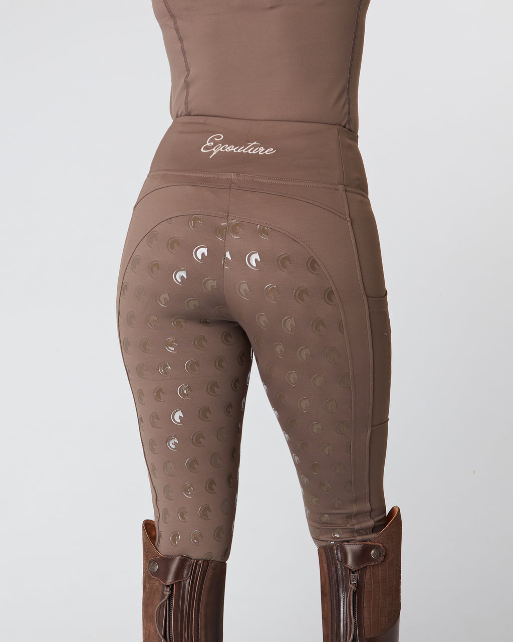 Horse Riding Leggings tights with phone pockets & full seat grip - brown  - Eqcouture