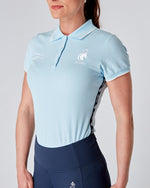 Load image into Gallery viewer, Equestrian blue short sleeve polo top. Tapered, fitted polo.
