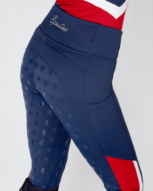 Horse Riding Tights / Leggings with phone pockets and full seat grip -NAVY RED WHITE
