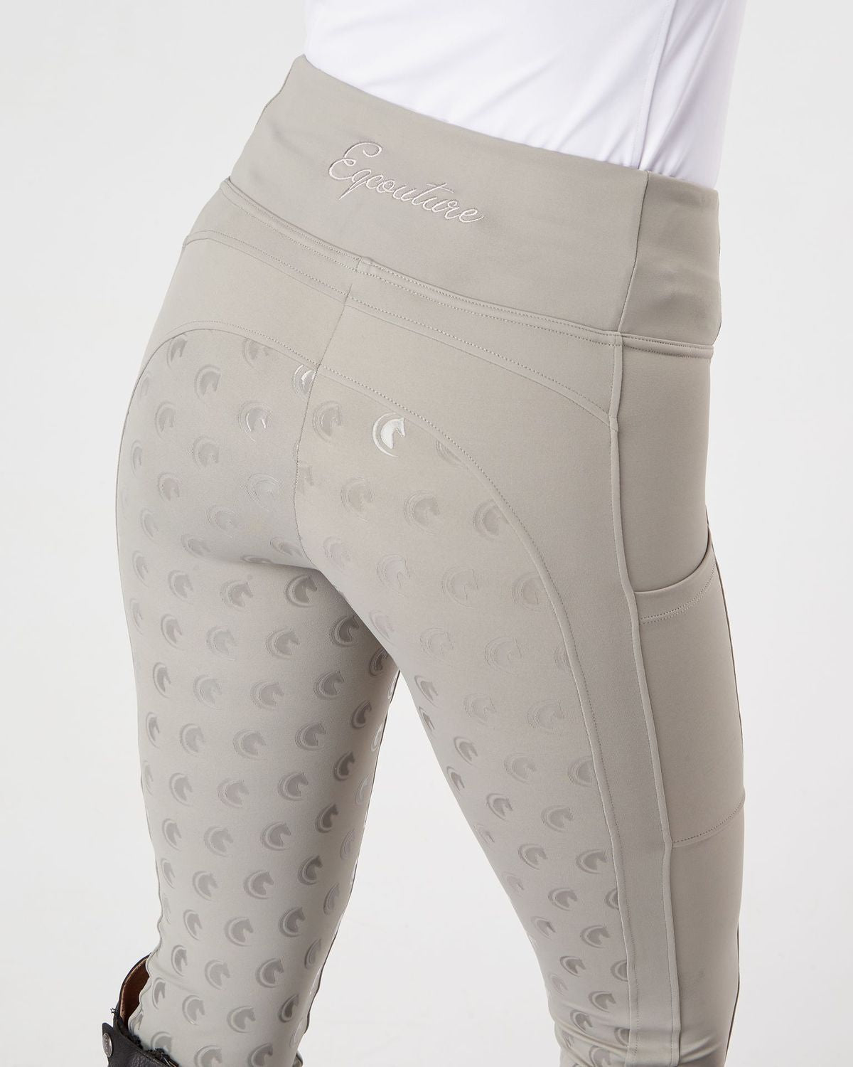Horse Riding Leggings tights with phone pockets & full seat grip - competition light grey - Eqcouture
