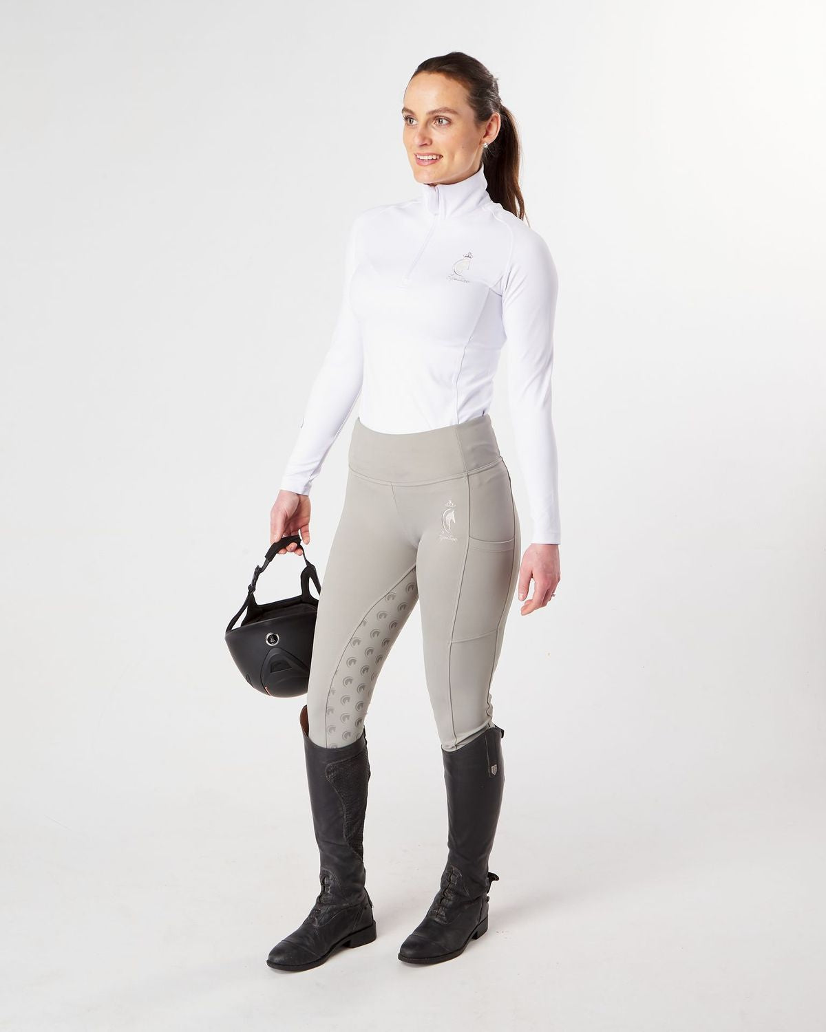 Horse Riding Leggings tights with phone pockets & full seat grip - competition light grey - Eqcouture