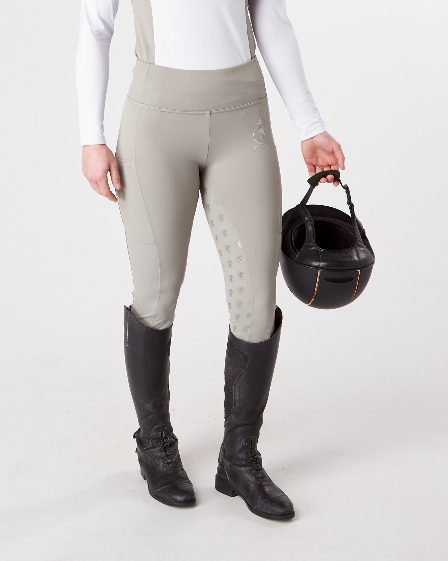 Horse Riding Leggings tights with phone pockets & full seat grip - competition light grey - Eqcouture