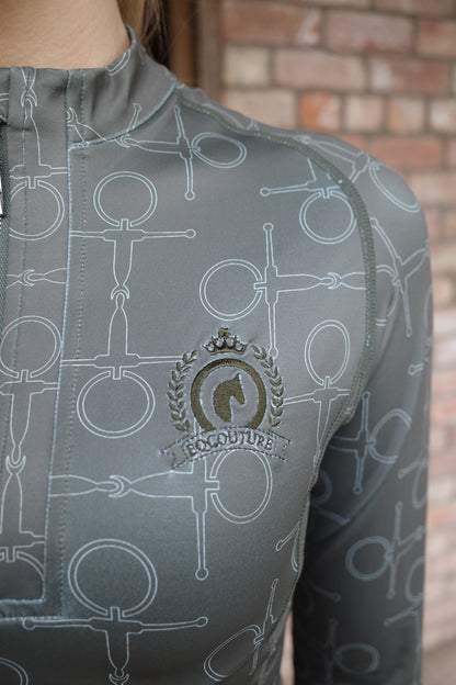 Green Equestrian Technical Long Sleeve Base Layer - OLIVE BIT PRINT