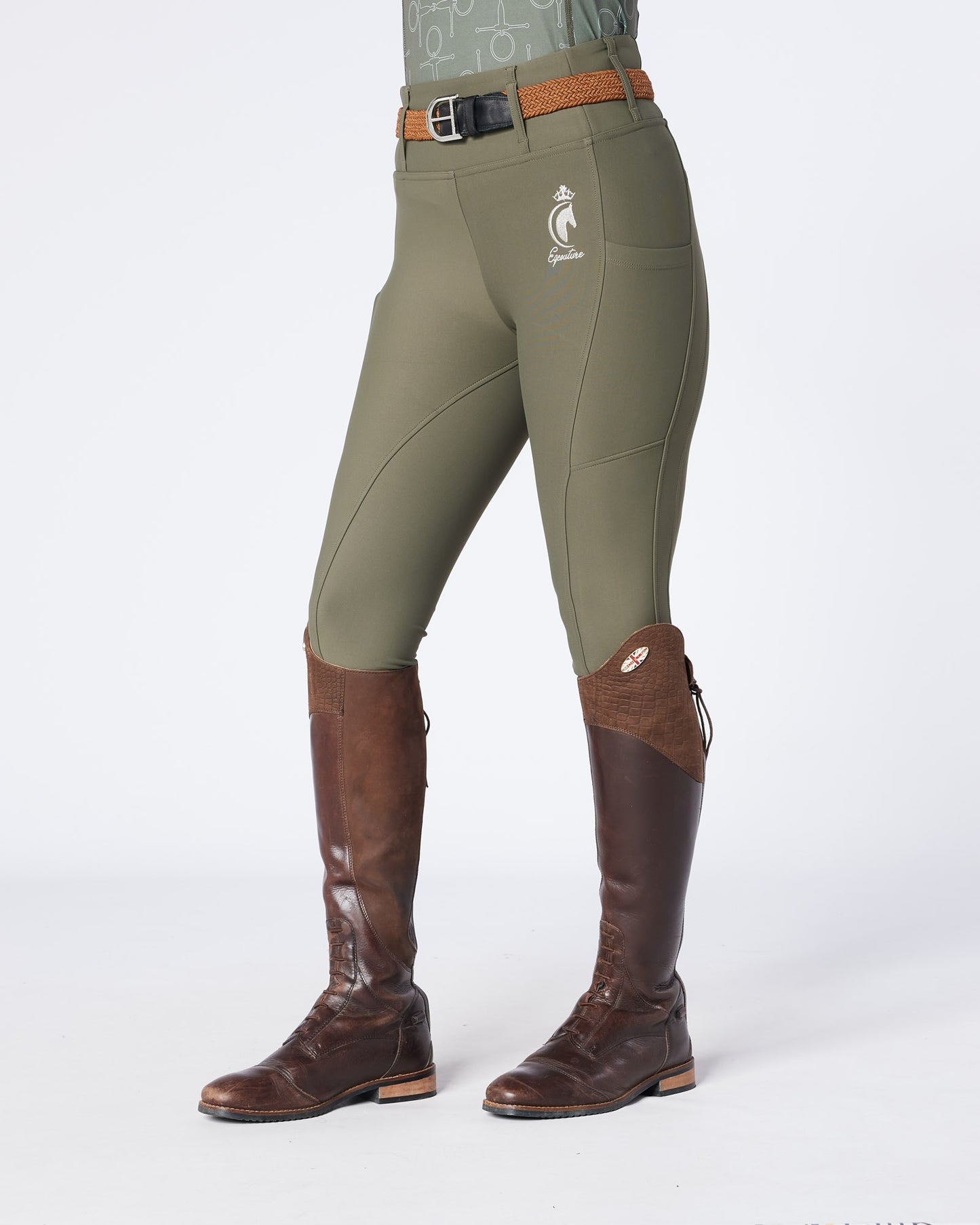WINTER ALL-SEASON Olive Green Riding Leggings / Tights with Phone Pockets - NO GRIP / SILICONE