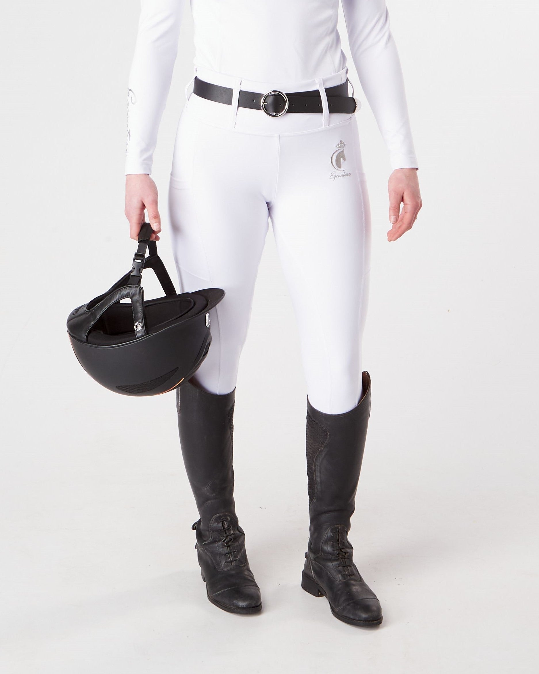 Horse Riding Leggings tights with phone pockets & full seat grip - competition white - Eqcouture