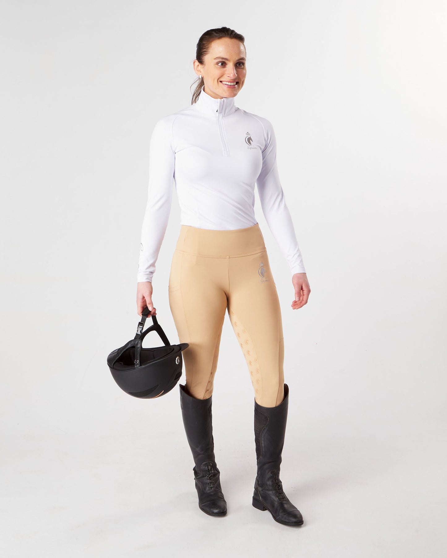 white competition technical equestrian base layer / show shirt sports horse riding top
