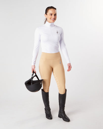 white competition technical equestrian base layer / show shirt sports horse riding top