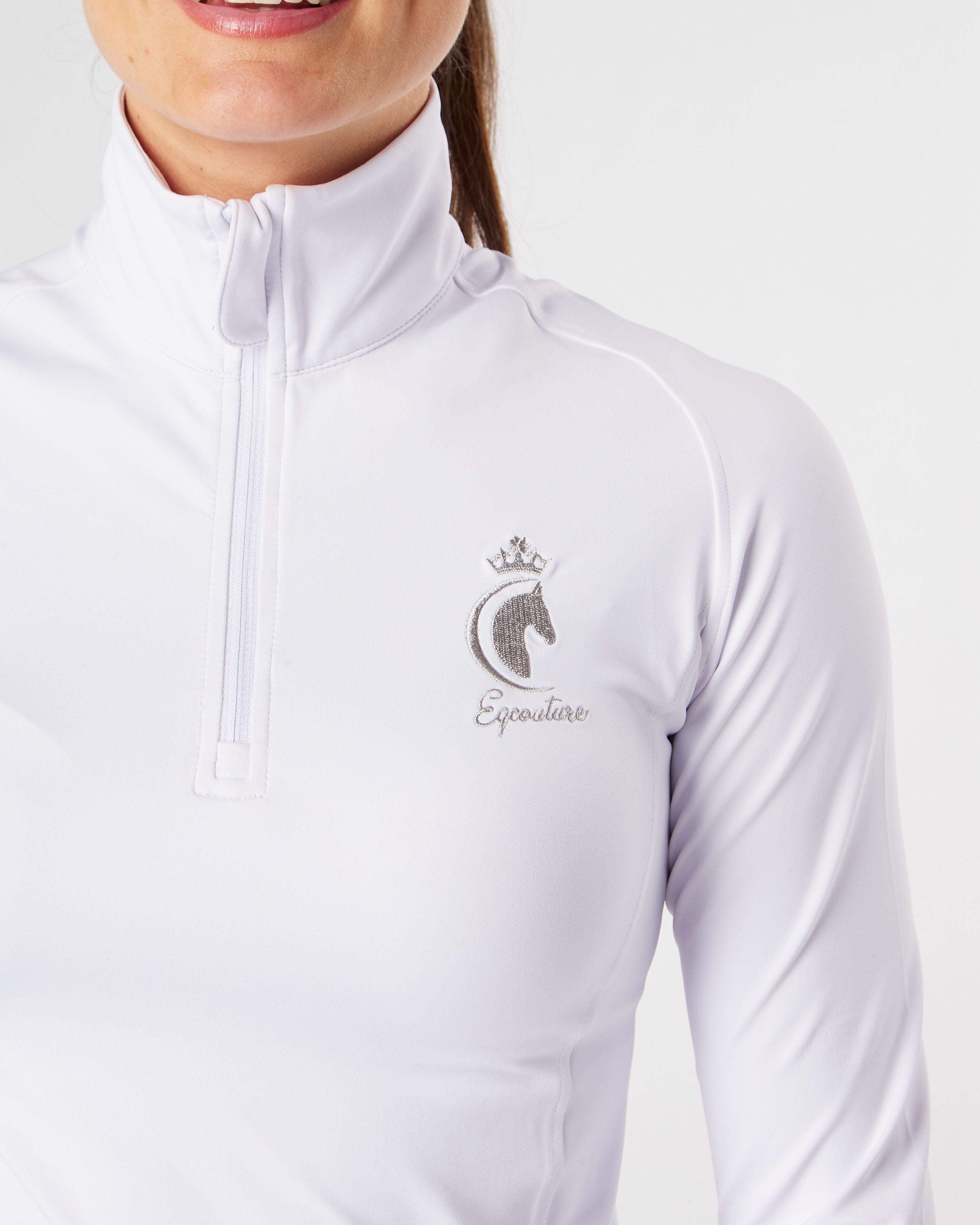 white competition technical equestrian base layer / show shirt sports horse riding top