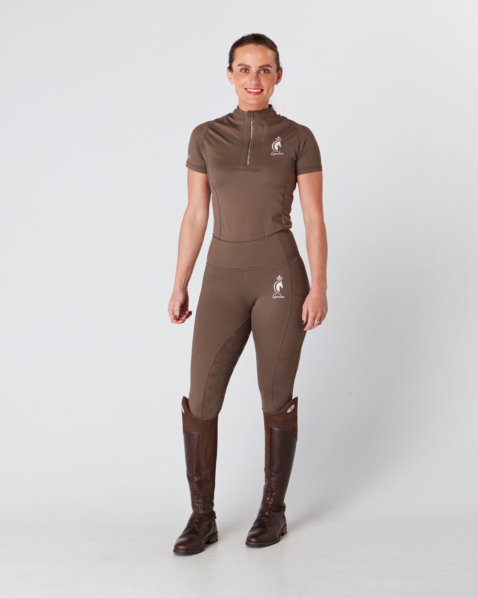Horse Riding Leggings tights with phone pockets & full seat grip - brown - Eqcouture