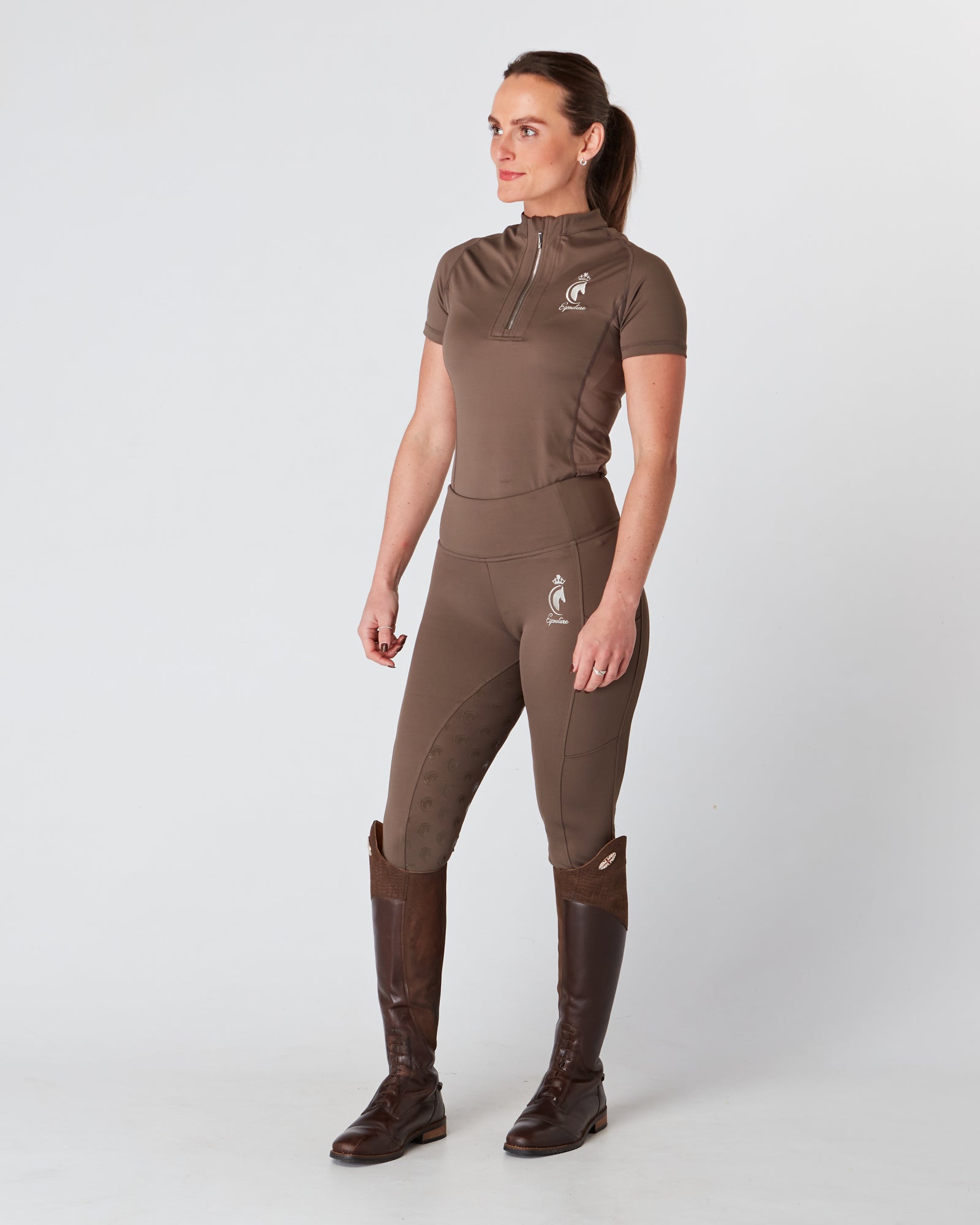 Equestrian brown short sleeve riding top/base layer. Brown riding leggings/tights. 