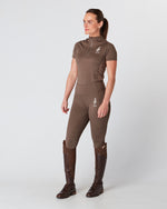 Load image into Gallery viewer, Equestrian brown short sleeve riding top/base layer. Brown riding leggings/tights. 
