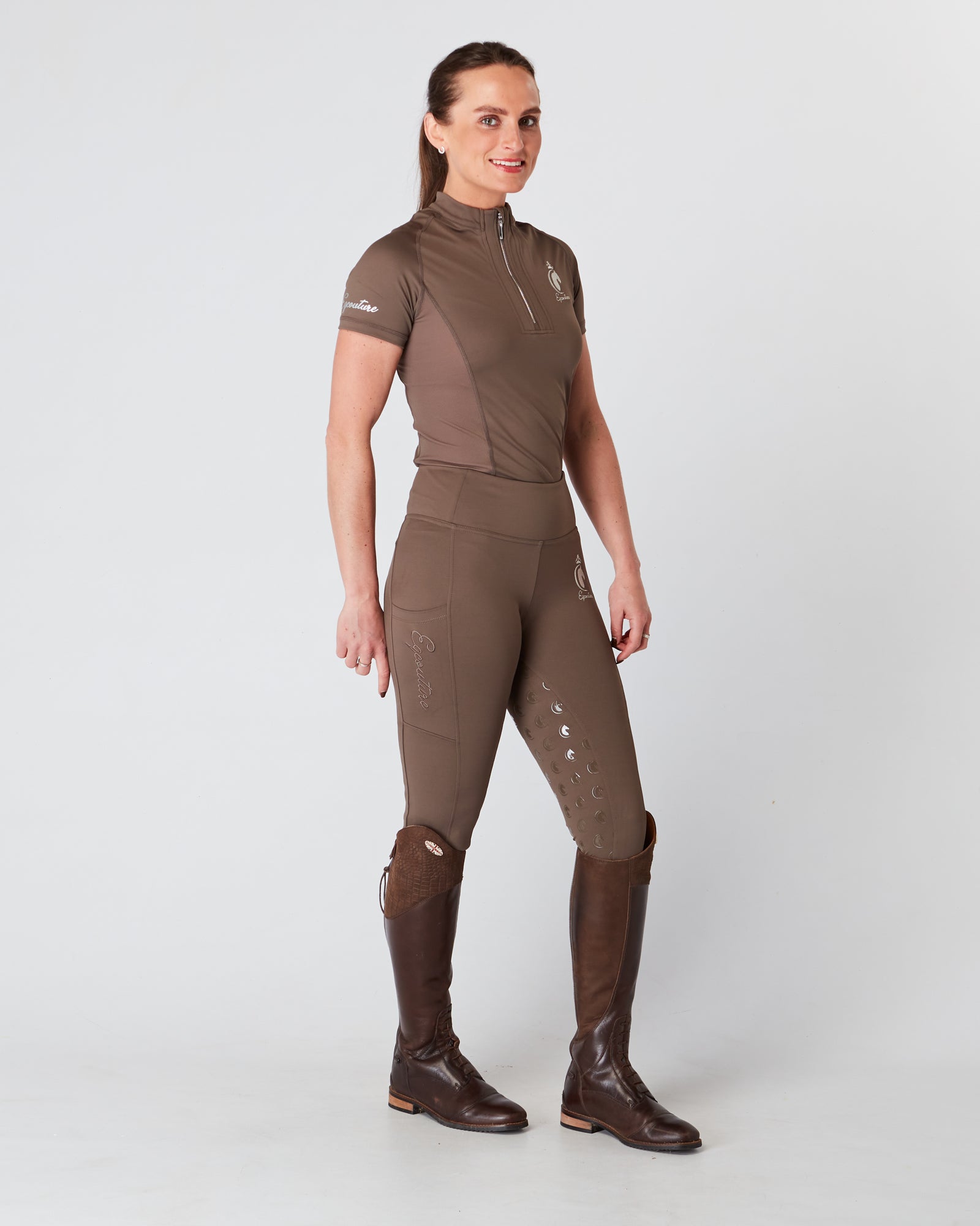 Horse Riding Leggings tights with phone pockets & full seat grip - brown - Eqcouture
