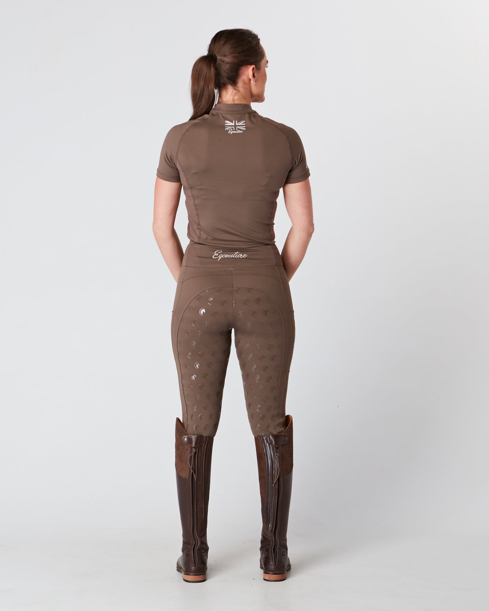 Horse Riding Leggings tights with phone pockets & full seat grip - brown - Eqcouture