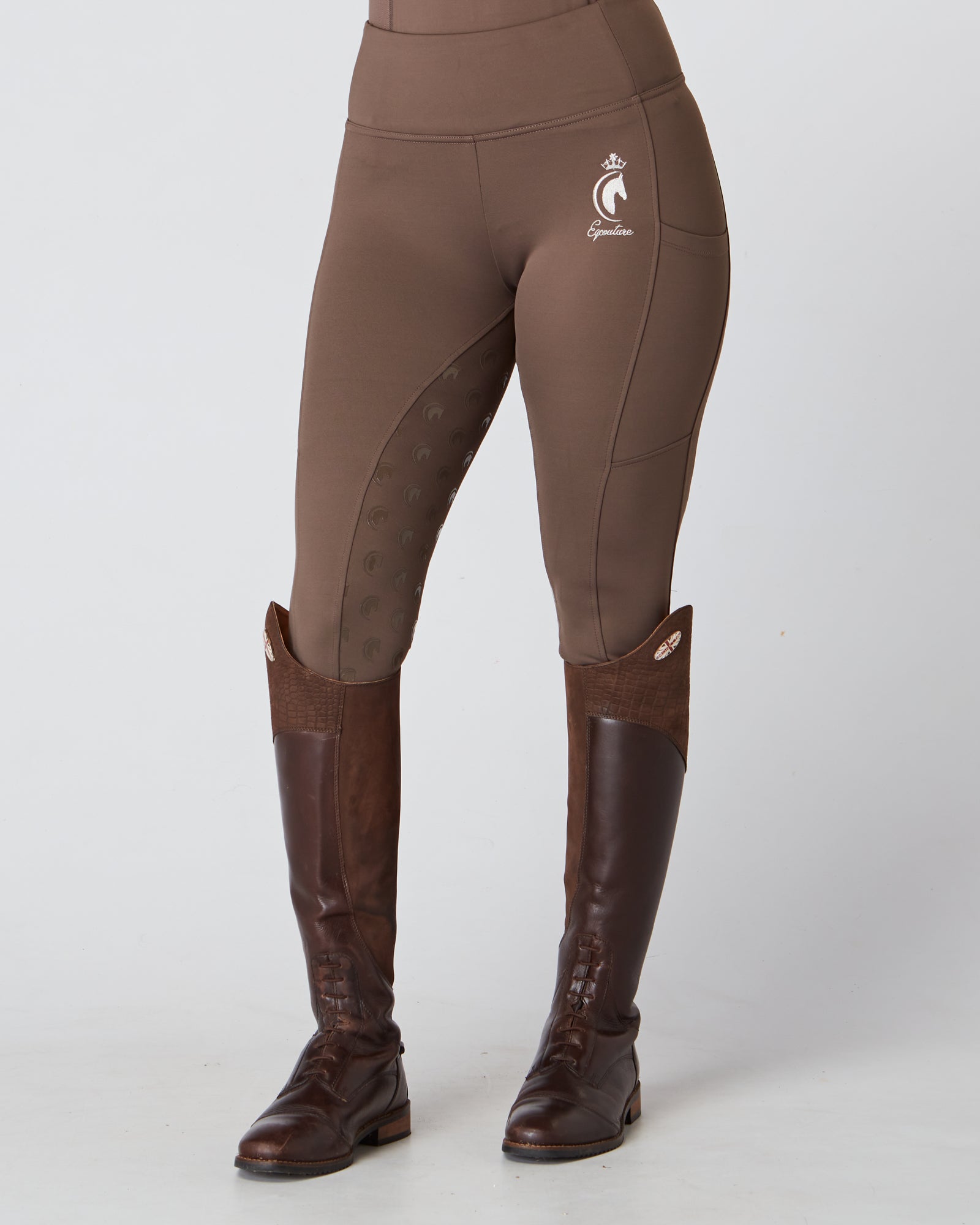 Horse Riding Leggings tights with phone pockets & full seat grip - brown- Eqcouture