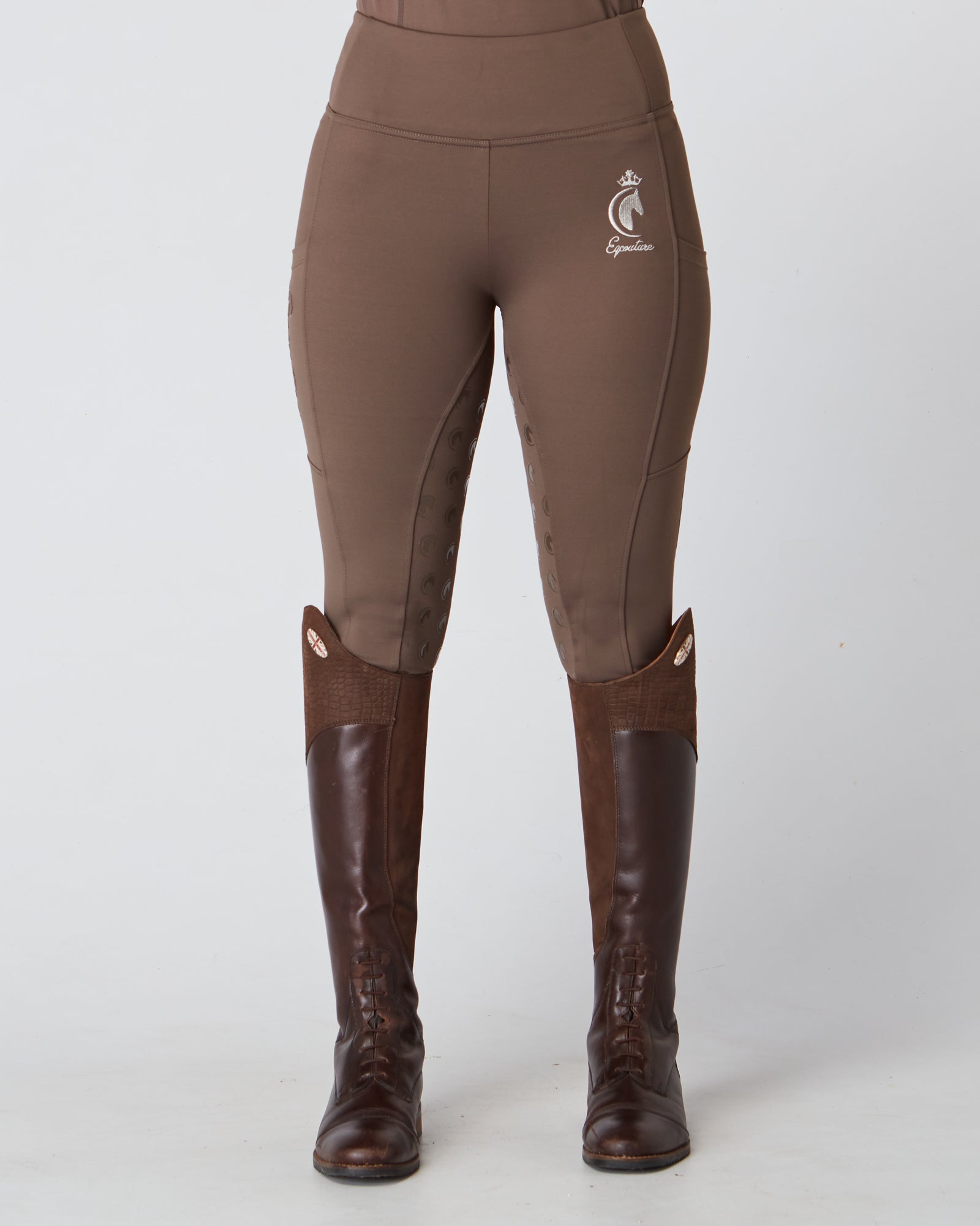 Horse Riding Leggings tights with phone pockets & full seat grip - brown - Eqcouture
