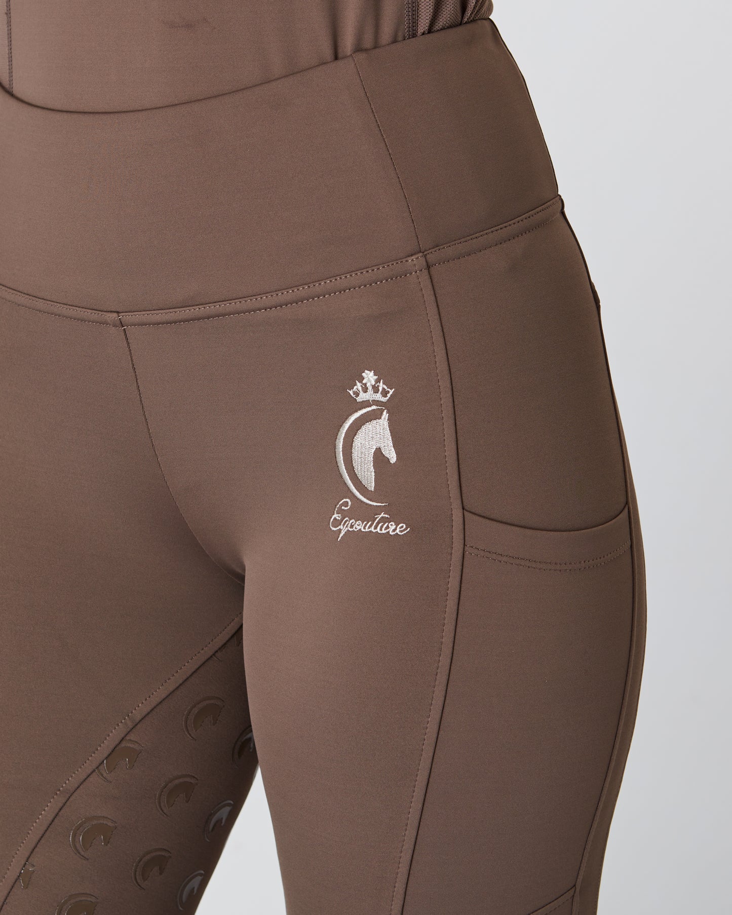 Horse Riding Leggings tights with phone pockets & full seat grip - brown - Eqcouture
