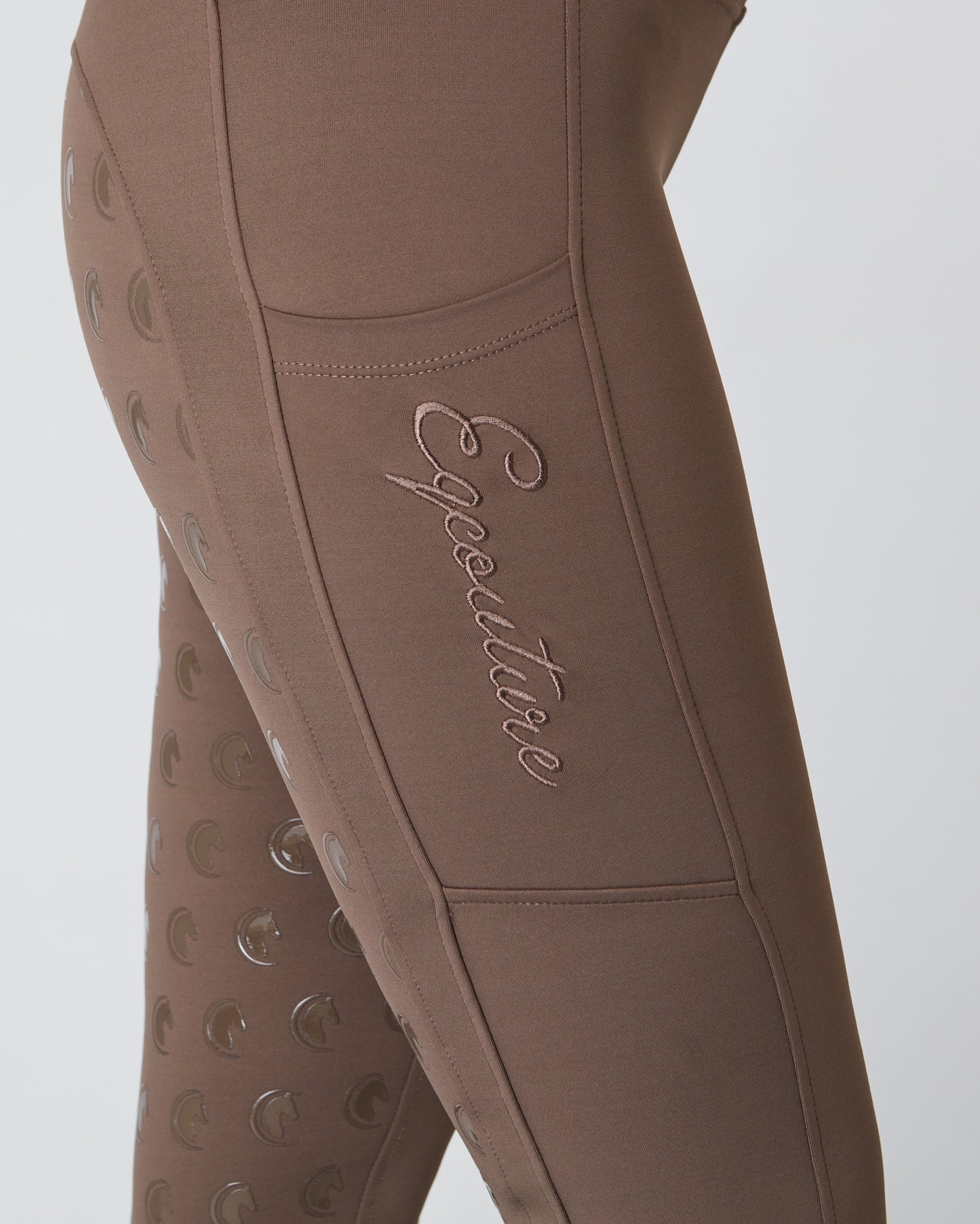 Horse Riding Leggings tights with phone pockets & full seat grip - brown  - Eqcouture