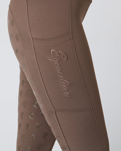 Horse Riding Leggings tights with phone pockets & full seat grip - brown  - Eqcouture