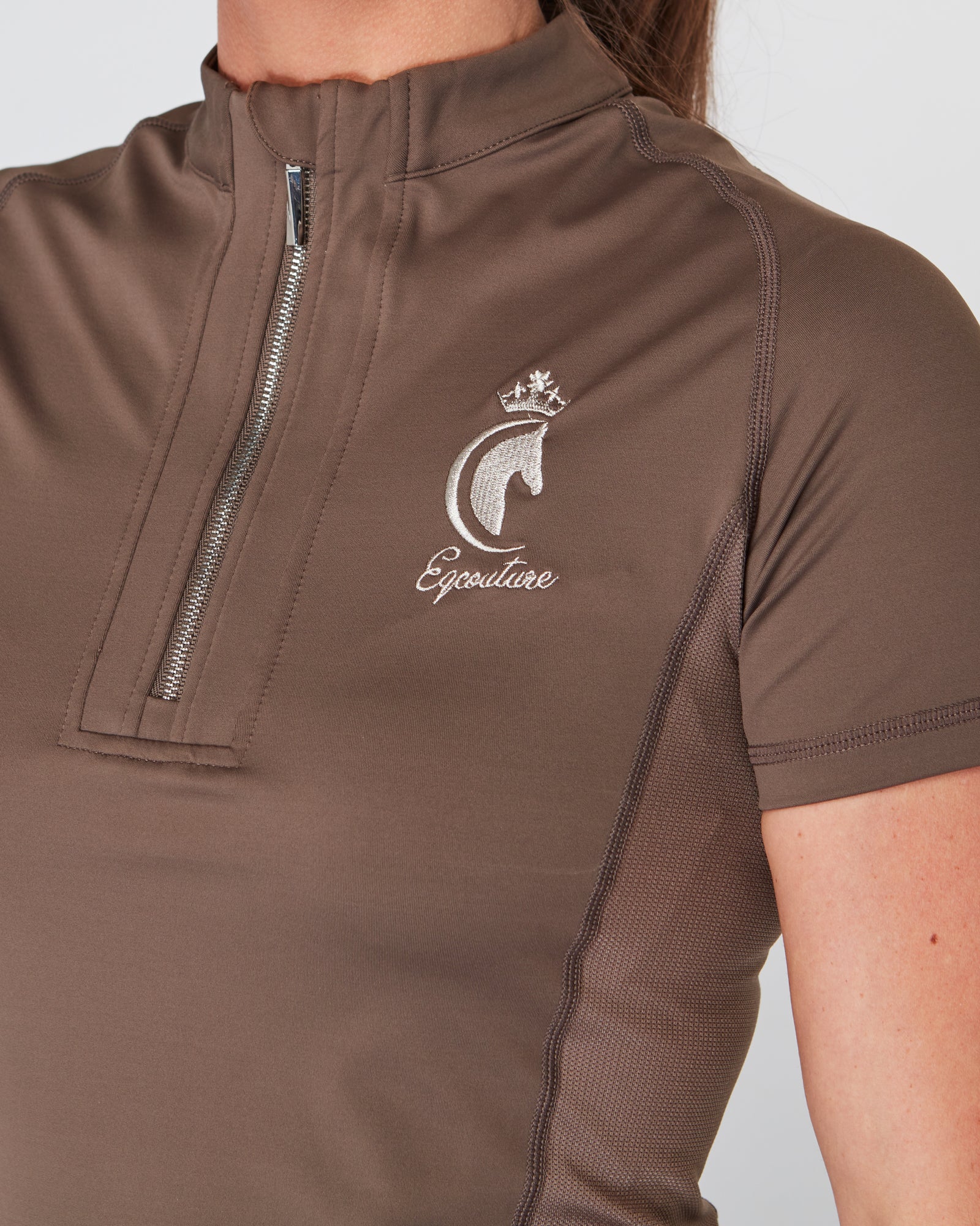 Equestrian brown short sleeve riding top/base layer. Brown riding leggings/tights