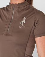 Load image into Gallery viewer, Equestrian brown short sleeve riding top/base layer. Brown riding leggings/tights
