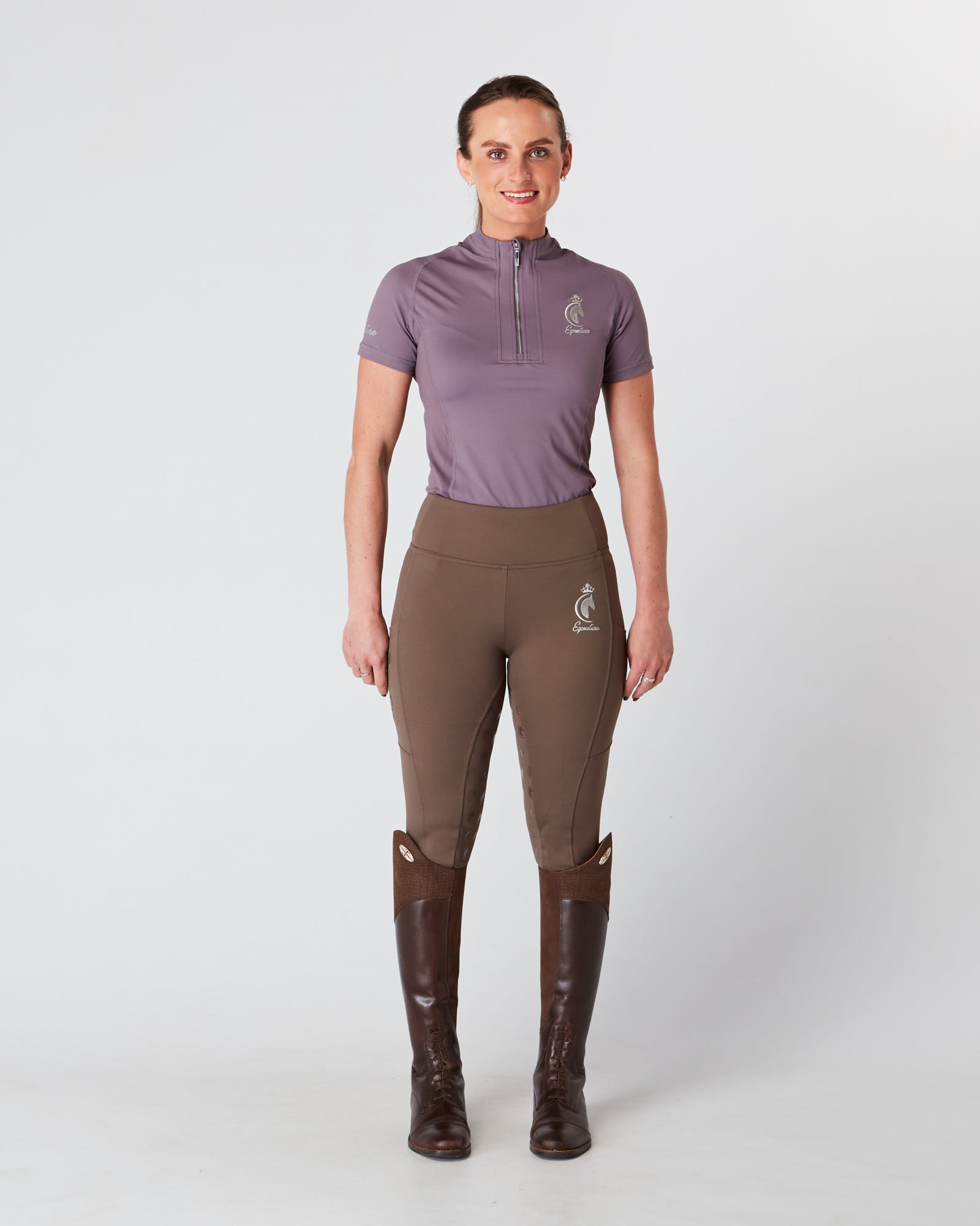 Horse Riding Leggings tights with phone pockets & full seat grip - brown - Eqcouture