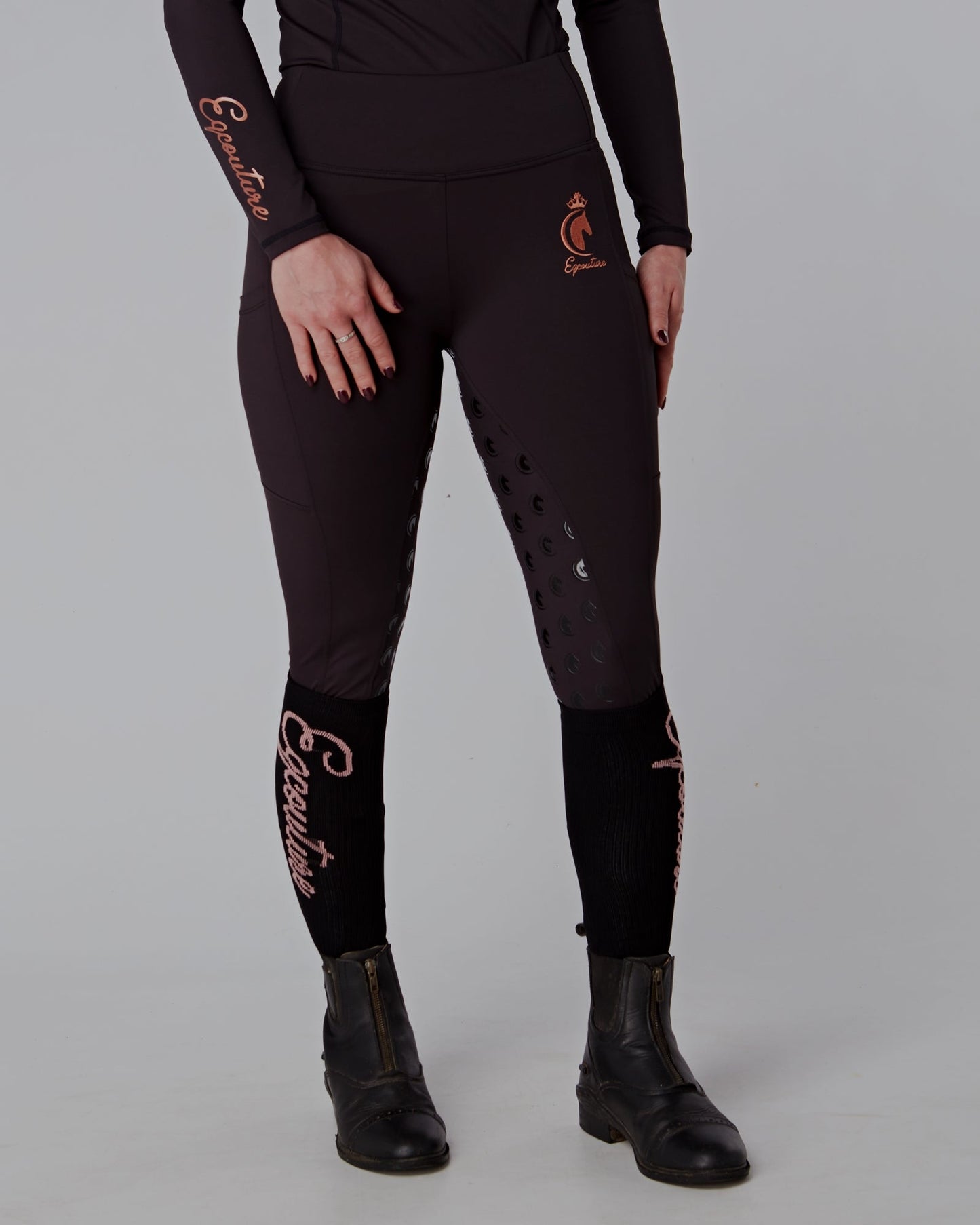 ALL-SEASON Rose Gold & Black Riding Leggings / Tights with Phone Pockets - WATER RESISTANT