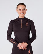 Load image into Gallery viewer, Womens Equestrian long sleeve BLACK/ROSE GOLD  riding top / base layer / sports horse riding top- Eqcouture.
