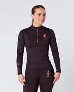 Load image into Gallery viewer, Womens Equestrian long sleeve BLACK/ROSE GOLD riding top / base layer / sports horse riding top- Eqcouture.
