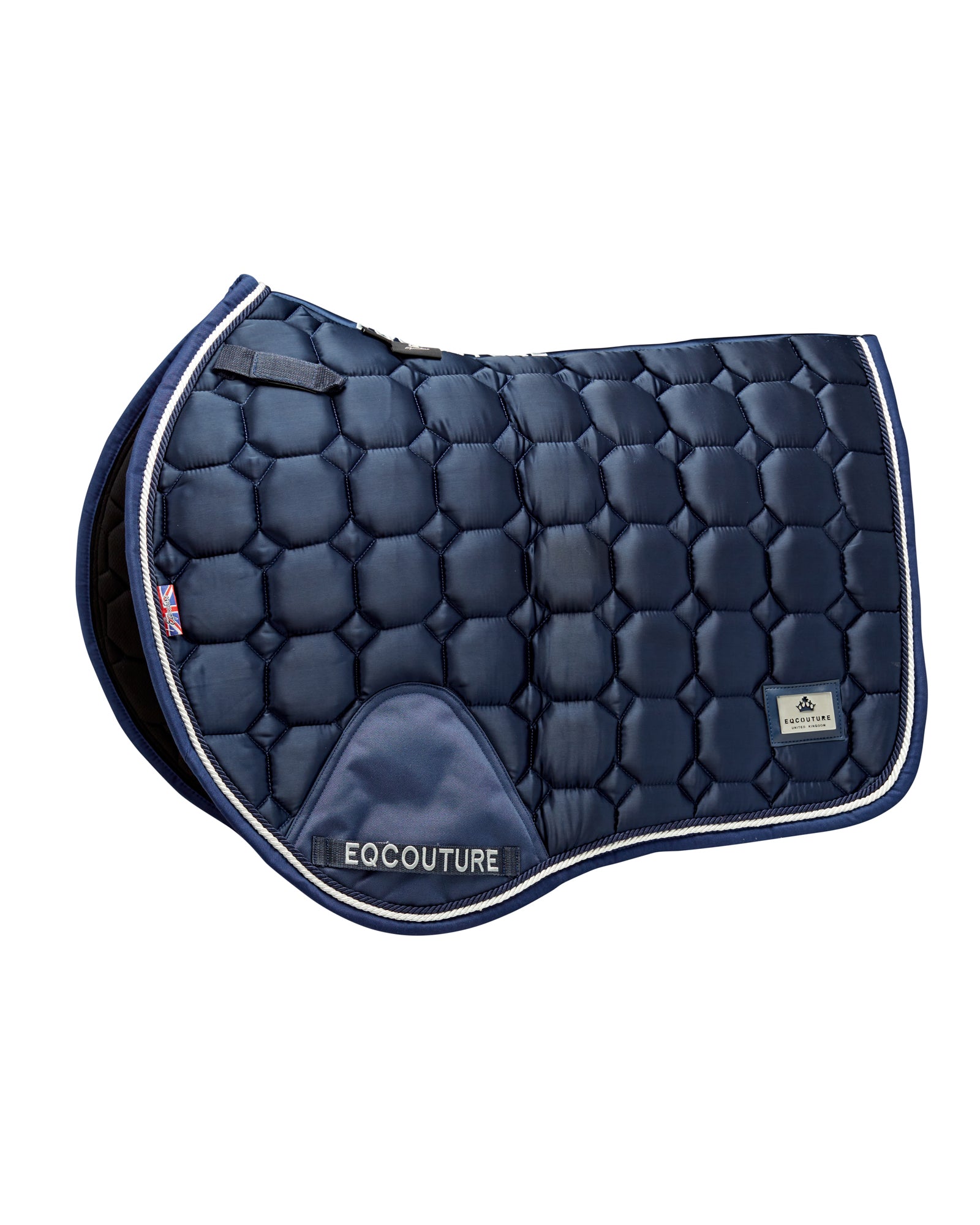 Equestrian luxury quilted navy satin jumping cut saddle pads/numnahs.