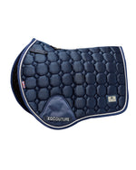 Load image into Gallery viewer, Equestrian luxury quilted navy satin jumping cut saddle pads/numnahs.
