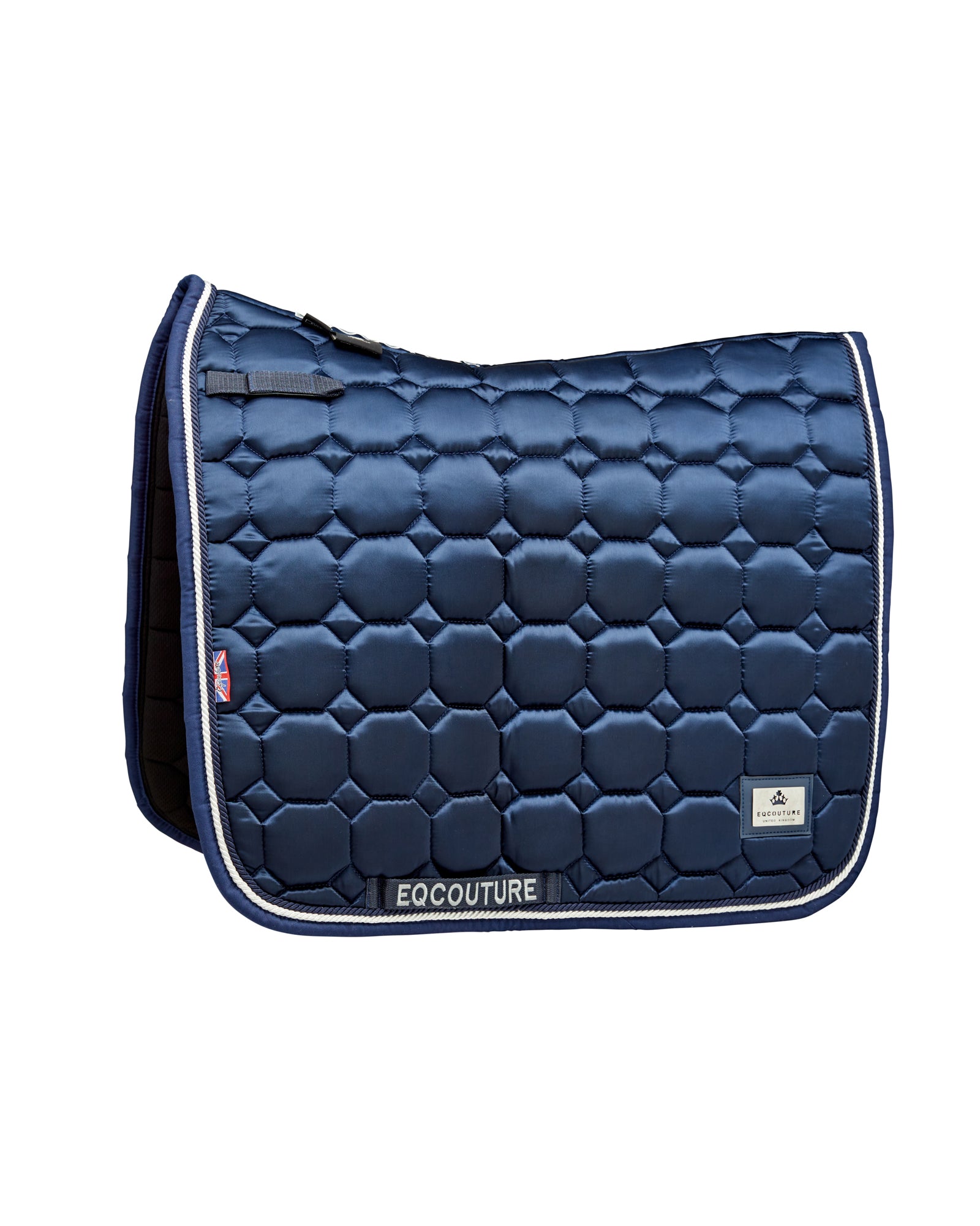 Equestrian luxury quilted navy dressage cut saddle pads/numnahs.
