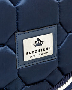 Equestrian luxury quilted navy satin jumping cut saddle pads/numnahs.