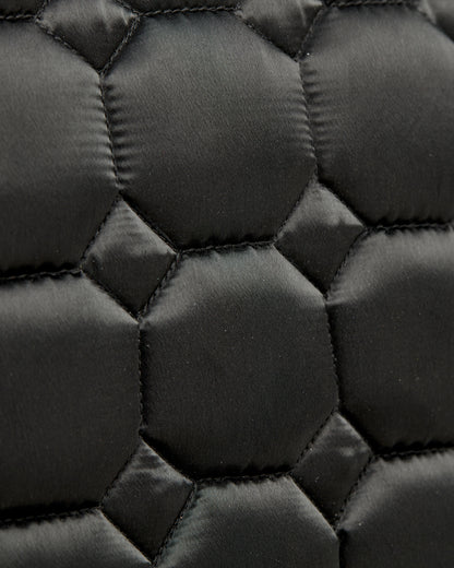 Equestrian luxury quilted black satin jumping cut saddle pads/numnahs.