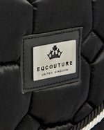 Load image into Gallery viewer, Equestrian luxury quilted black satin jumping cut saddle pads/numnahs.
