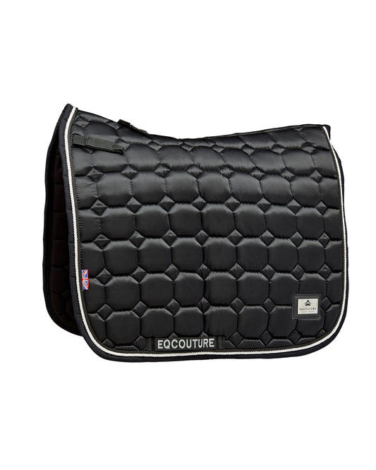 Equestrian luxury quilted black satin dressage cut saddle pads/numnahs.