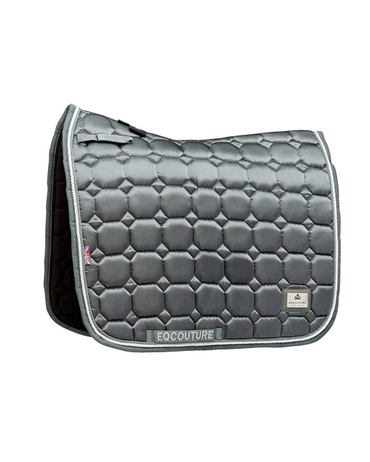 Equestrian luxury quilted Grey satin dressage cut saddle pads/numnahs.