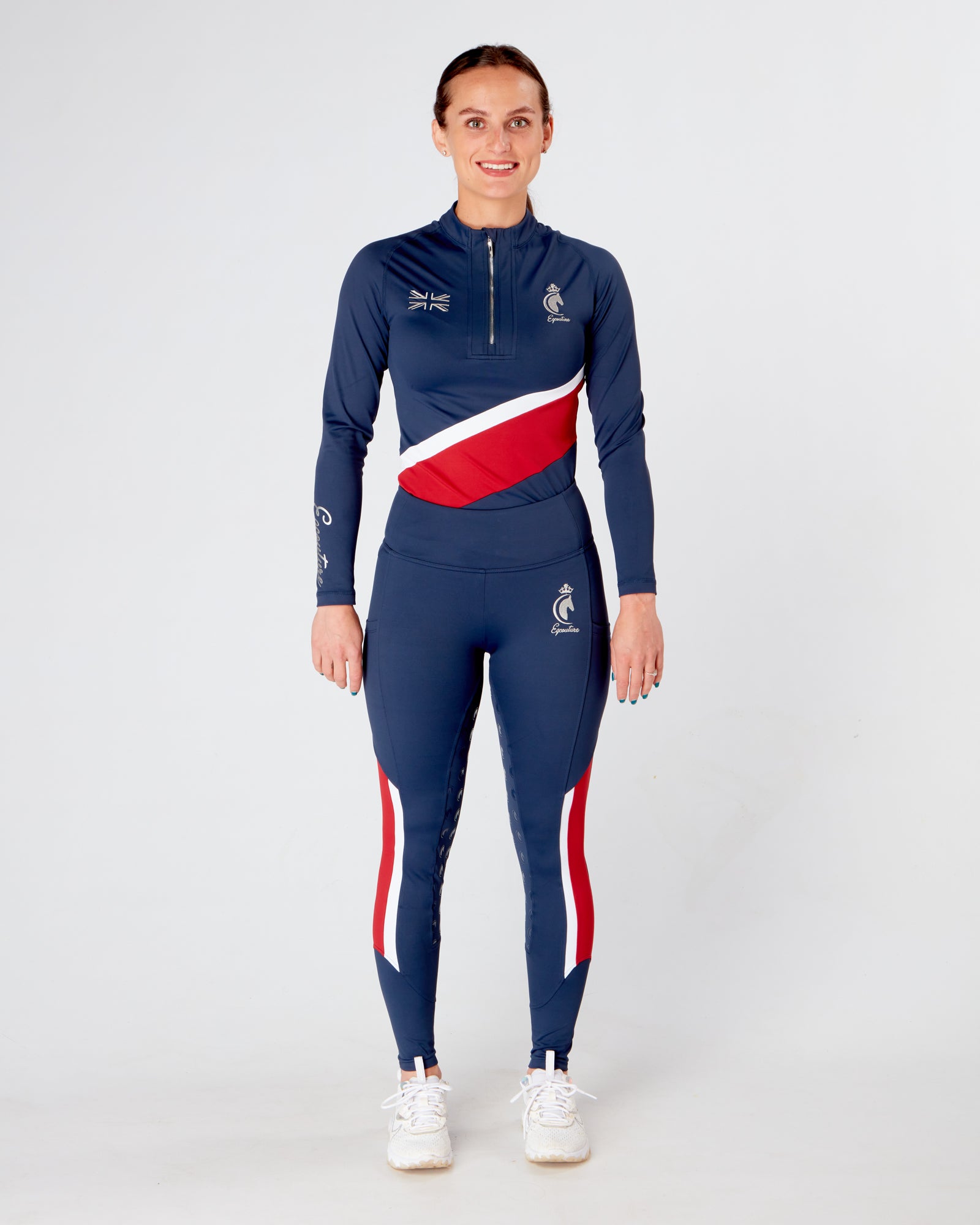 Horse Riding Tights / Leggings with phone pockets and full seat grip -NAVY RED WHITE