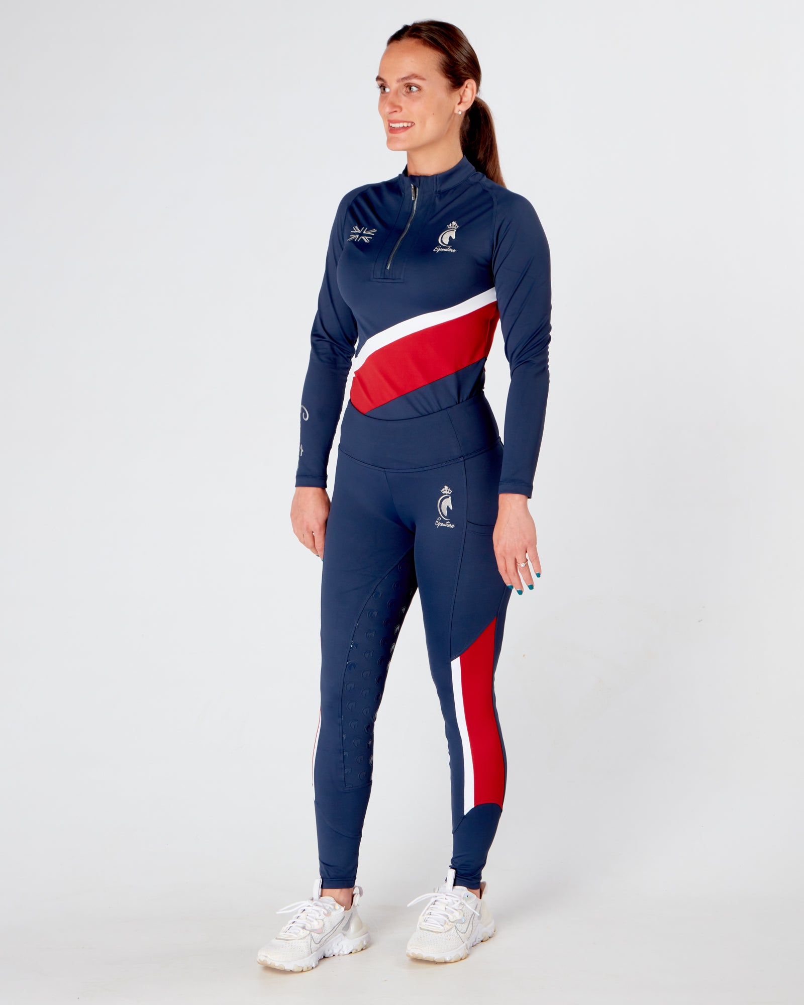 Horse Riding Tights / Leggings with phone pockets and full seat grip -NAVY RED WHITE