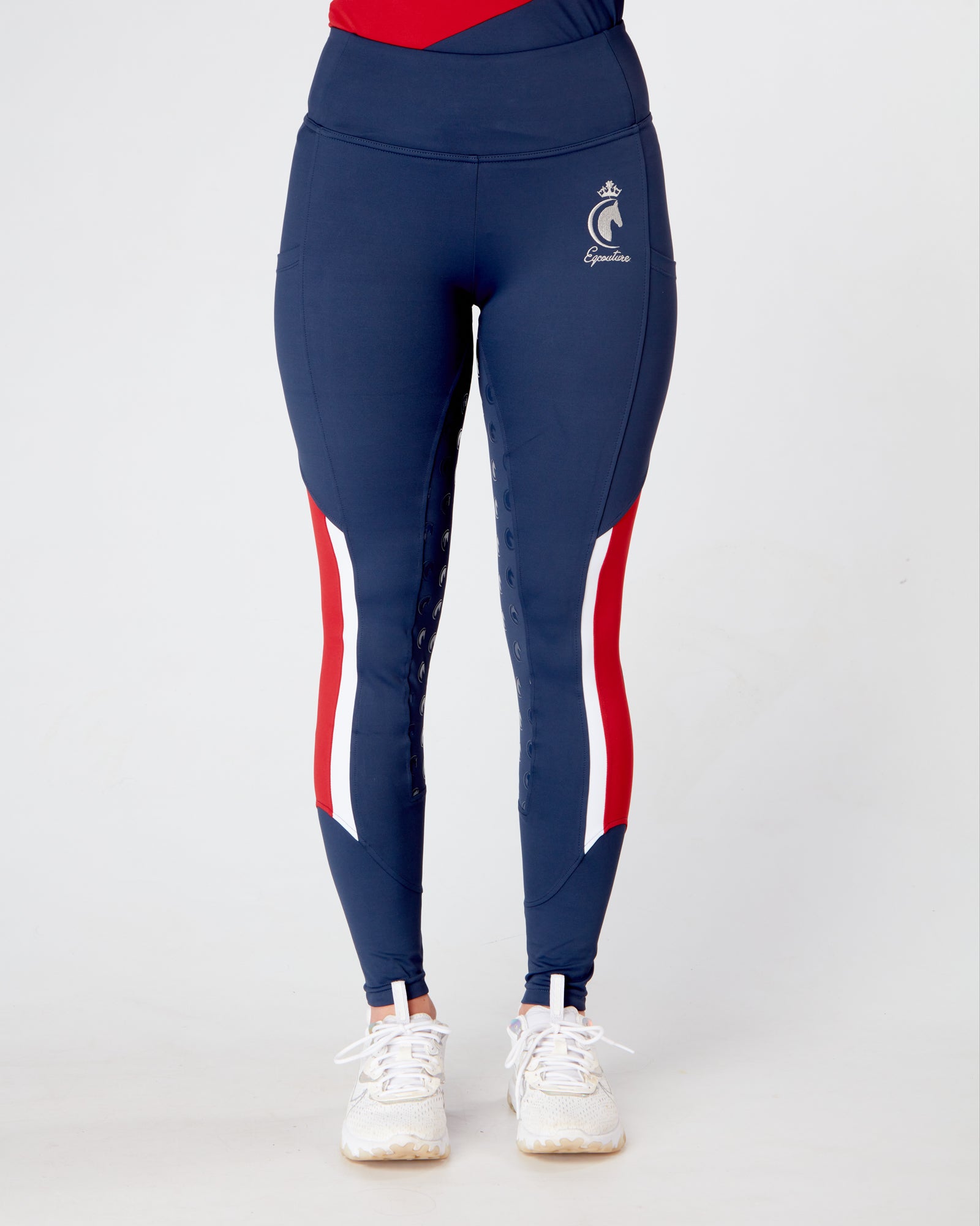 Horse Riding Tights / Leggings with phone pockets and full seat grip -NAVY RED WHITE