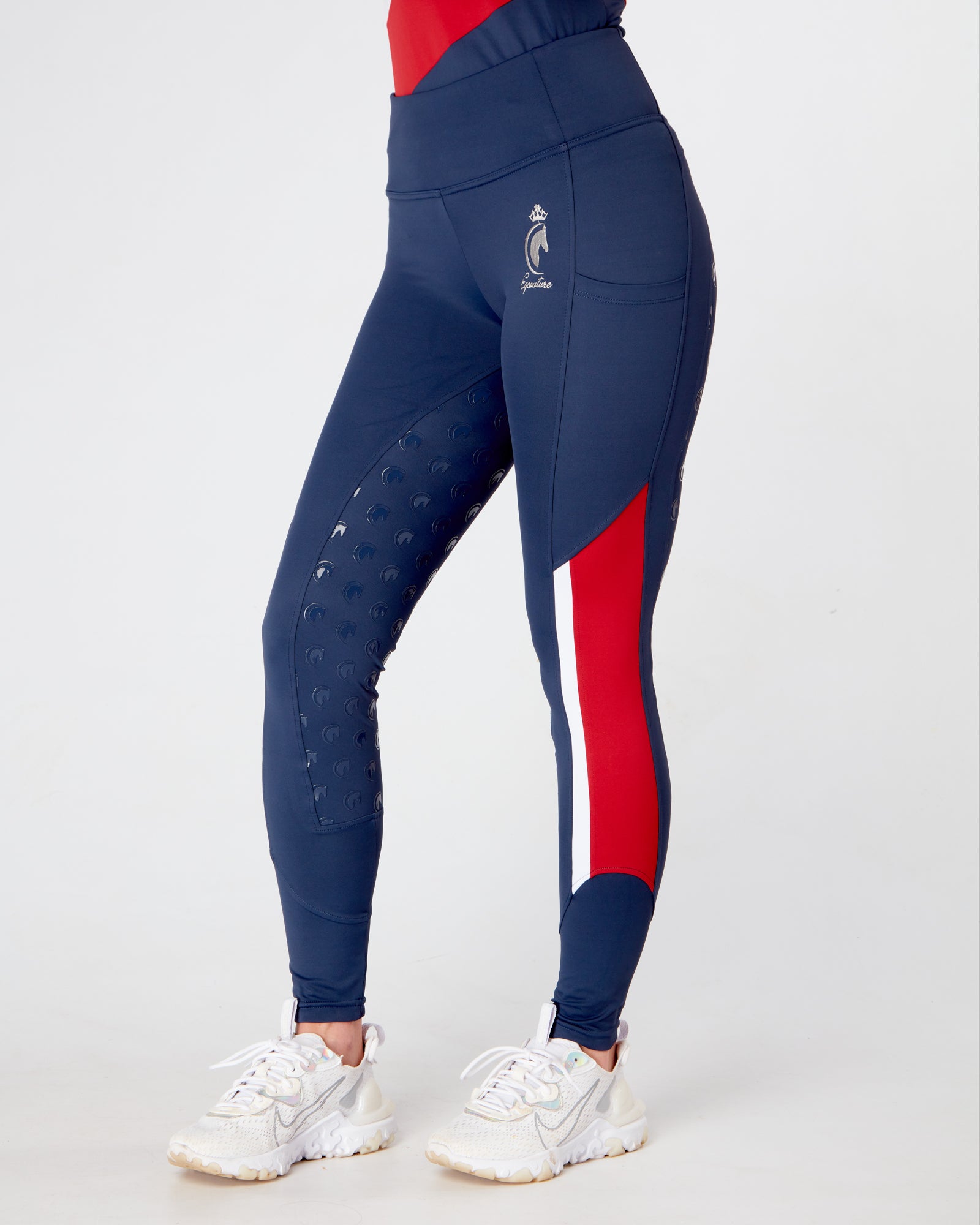 Horse Riding Tights / Leggings with phone pockets and full seat grip -NAVY RED WHITE
